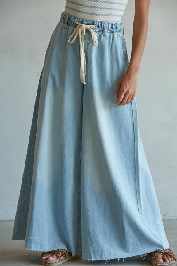 Women's Wide Leg Pants With Drawstring Elastic Waist New Washed Denim Jeans From Collection_ecoleips.com