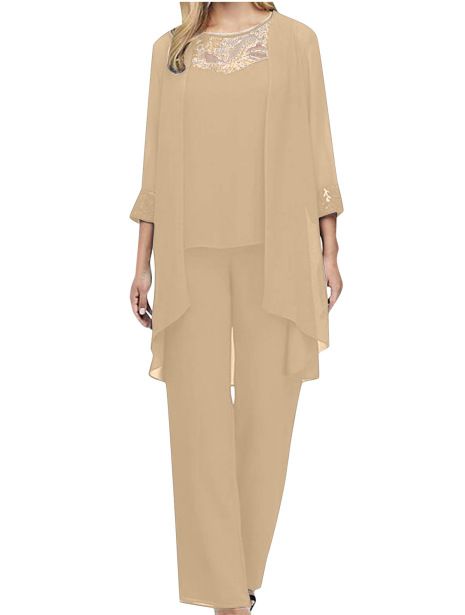 Women's Clothing Fashion Casual Suits Plus Size Elegant Lace Stitching Slim Chiffon Straight Pants Three Piece Suit_ecoleips.com