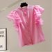 Women's Heavy Duty Hollowed Out Embroidery Layered Chiffon Ruffle Patchwork Stand Collar Shirt Flutter Sleeve New Summer Fashion Top_ecoleips.com