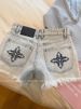 Women's High Waisted Denim Shorts Cross Embroidered Raw Hem Casual Summer Jean Shorts With Pockets For Daily Streetwear_ecoleips.com