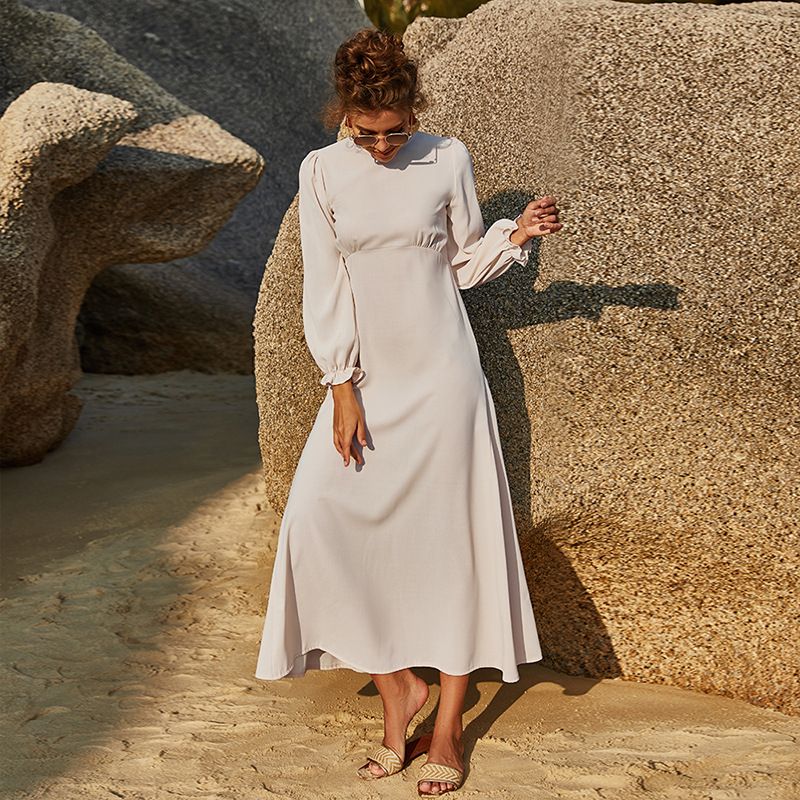 Women's Spring/Summer Fitted Chiffon Dress Round Neck Solid Color Elastic Sleeves Full Skirt Long Casual Elegant Loose Fit_ecoleips.com
