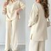 K New Fashion Solid Color Wide Panasonic Swing Fork Knitted Shirt Two Piece Set For Women_ecoleips.com