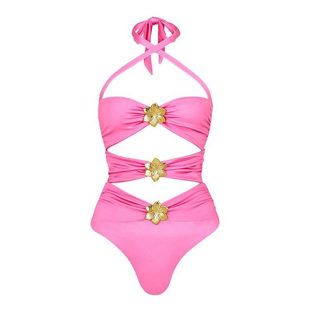 Women's Clothing Pink Halter Strap Hollow Metal Flower One Piece Swimsuit Women_ecoleips.com