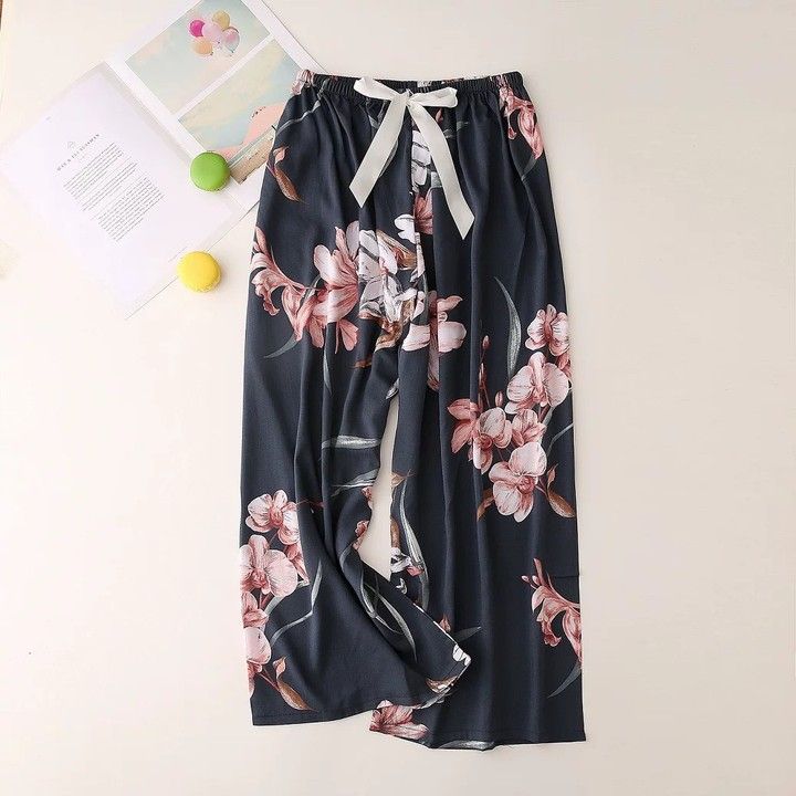 2022 Home Pants Women Spring Summer Thin Sleep Pants Floral Printed Pajama Pants Wide Leg Loose Plus Size Calf-length Bottoms_ecoleips.com