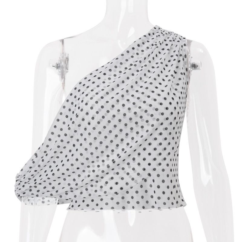 Women's Polka Dot Off Shoulder Top Sleeveless Chiffon Blouse Asymmetric Hem Summer Beach Party Wear_ecoleips.com