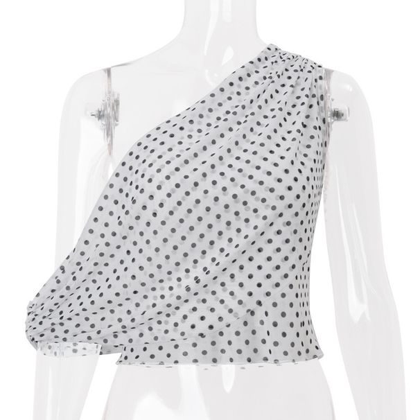 Women's Polka Dot Off Shoulder Top Sleeveless Chiffon Blouse Asymmetric Hem Summer Beach Party Wear_ecoleips.com