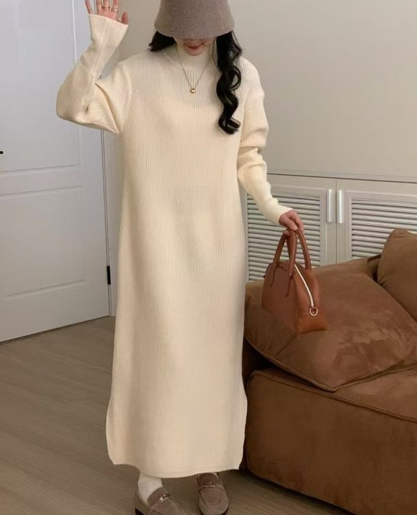 K Women's Half-turtleneck Sweater Dress; Loose, Thickened, Knee-length, To Be Worn Under A Coat. No Bags Or Other Accessories_ecoleips.com