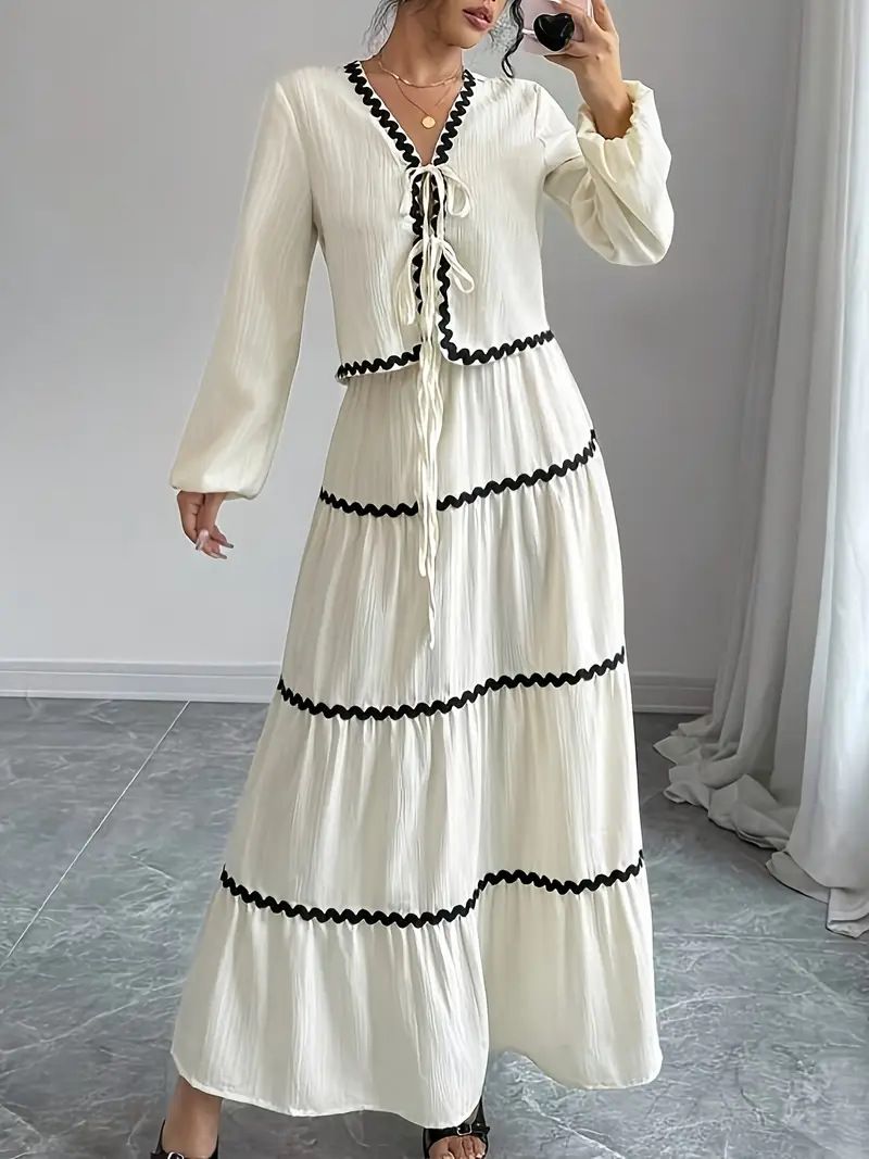 Women's Clothing Lace Layered Pleated Lantern Sleeve Bow Shirt And Skirt Suit For Women_ecoleips.com