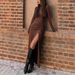 Women Solid Color Round Neck Long Sleeve Dress Elegant Fashion Waist Shirred Slim Fit Slit Hem Casual Party Midi Dress For Women_ecoleips.com