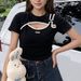 Women's Solid Color Splicing Hollow Waist Thin Top Short Sleeve T-shirt_ecoleips.com