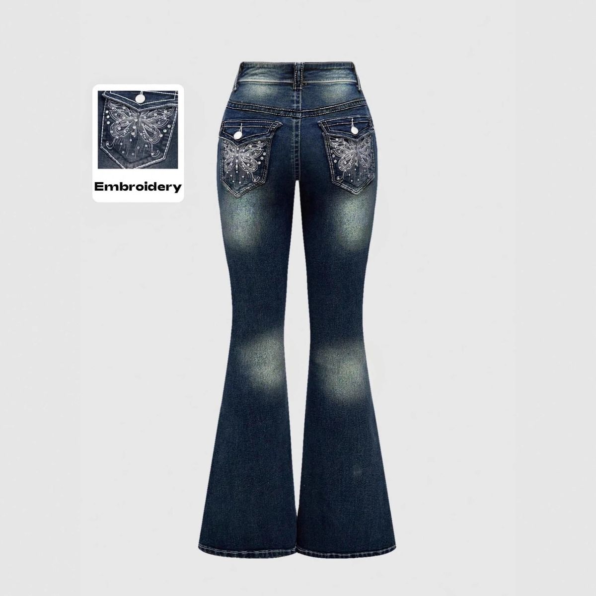 European American Cross-border Hot-selling Women's Clothing: Slim-fit, Slightly Flared Jeans With Back Pocket Embroidery_ecoleips.com