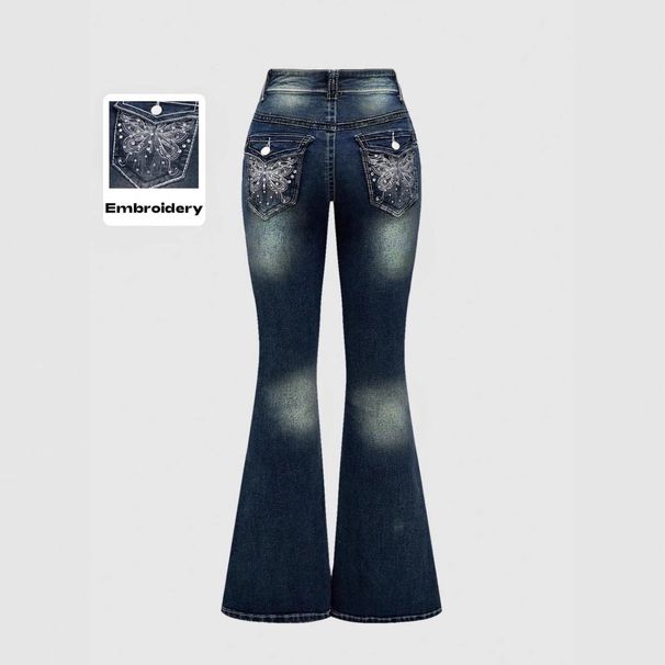 European American Cross-border Hot-selling Women's Clothing: Slim-fit, Slightly Flared Jeans With Back Pocket Embroidery_ecoleips.com