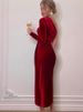 Women Elegant Long Sleeve Party Evening Velvet Bodycon Split Pencil Midi Dress 2024 Spring Autumn Clothes_ecoleips.com