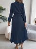 Elegant Stand Collar Full Sleeve Closed Waist Pleated Dress Women Autumn Winter Long Dress_ecoleips.com