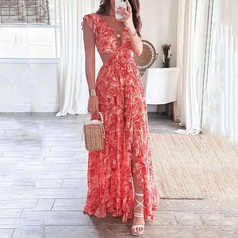 Women's Clothing Sexy Slim-Fit Sleeveless Printed V-Neck Split Dress_ecoleips.com