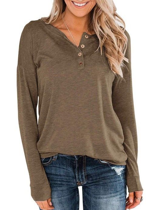 Women's Solid Color Knitted Long Sleeve Crew Neck Pullover Button Up Top T-Shirt_ecoleips.com