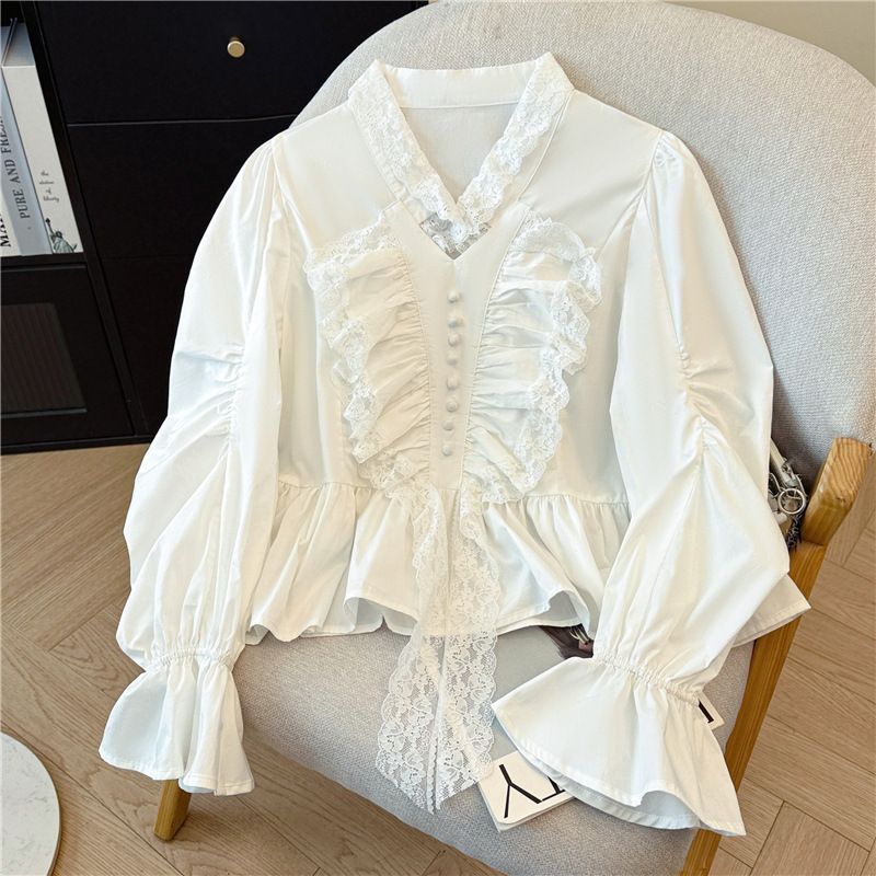 Women's Clothing Women's White Bell Sleeve V Neck Ruffled Blouse Romantic French Style High End Fashion Youthful Top_ecoleips.com