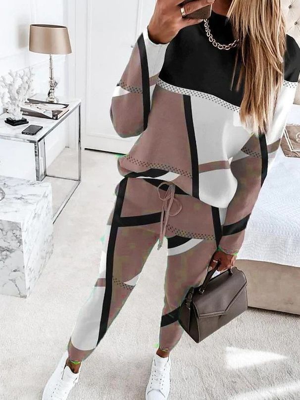 Women's Casual Two-Piece Set Long Sleeve Round Neck Printed Lounge Wear Comfortable Outfit For Daily Wear_ecoleips.com