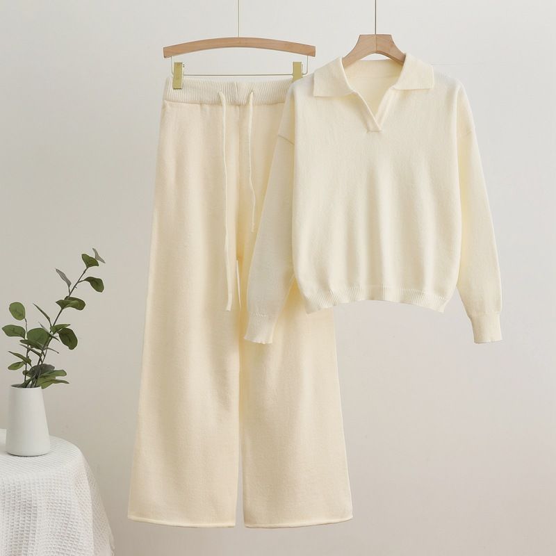 Solid Color Knit Lapel Top & Drawstring Wide Leg Pants Set - Comfortable Office & Casual Outfit For Women_ecoleips.com