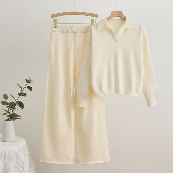 Solid Color Knit Lapel Top & Drawstring Wide Leg Pants Set - Comfortable Office & Casual Outfit For Women_ecoleips.com