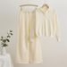 Solid Color Knit Lapel Top & Drawstring Wide Leg Pants Set - Comfortable Office & Casual Outfit For Women_ecoleips.com