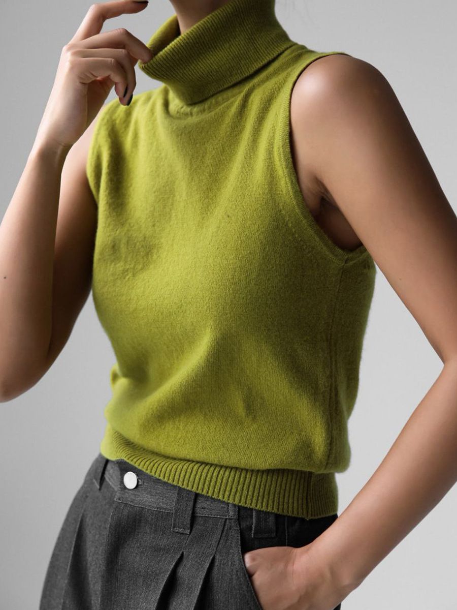 Women's Knitted Sleeveless Vest High Collar Sweater Simple Top Style Autumn New Fashion_ecoleips.com