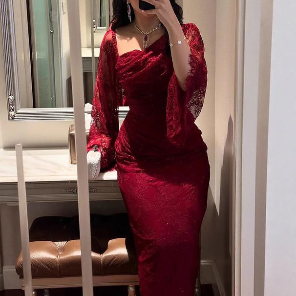 Sexy Lace Slanted Neck Women's Evening Dress Autumn New Long Sleeved High Waist A-line Dress Elegant Pleated Slim Fit Maxi Dress_ecoleips.com