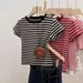 Retro Hong Kong Style Women's T-Shirt Color Blocked Striped Slim Fit Short Sleeve Versatile Top for Spring/Autumn Summer_ecoleips.com