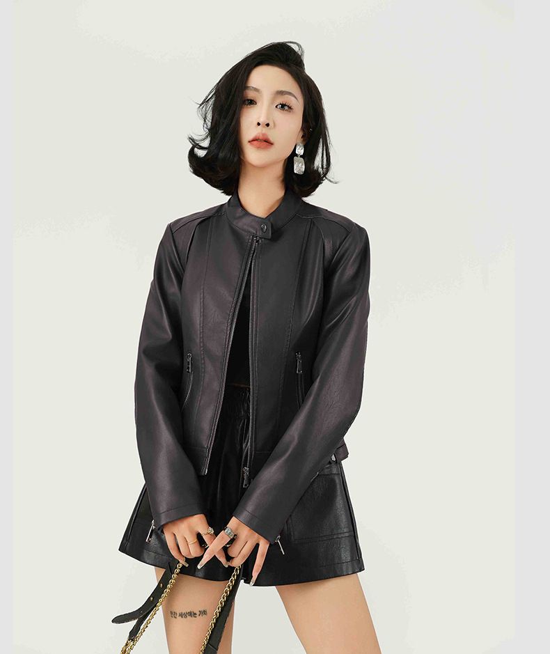 Women's Clothing Fashion Women's PU Leather Jacket Slim Fit Stand Collar Short Coat Red Black Light Brown Biker Jacket For Spring Autumn_ecoleips.com