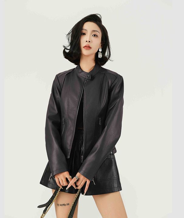Women's Clothing Fashion Women's PU Leather Jacket Slim Fit Stand Collar Short Coat Red Black Light Brown Biker Jacket For Spring Autumn_ecoleips.com