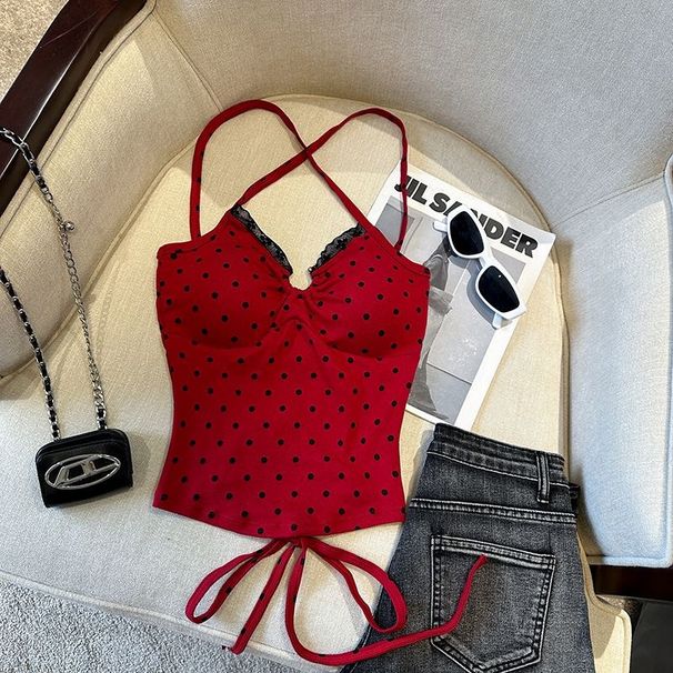 Hot Girl's Pure Desire Polka Dot Halter Neck Camisole With Chest Pads, Straps, Beautiful Back, Slim Fit, And Open-back_ecoleips.com
