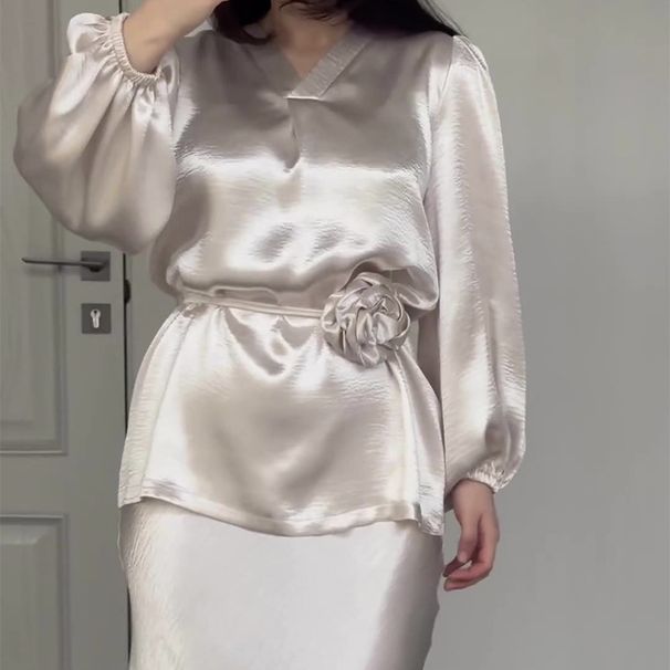 Women's Clothing Fashion Suit Elegant Celebrity Temperament Satin Lace Up Shirt Skirt_ecoleips.com
