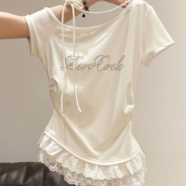 2025 Summer New Pure Sweet And Spicy Short Lace Lotus Leaf Edge Letter Bead Oblique Neck Top_ecoleips.com