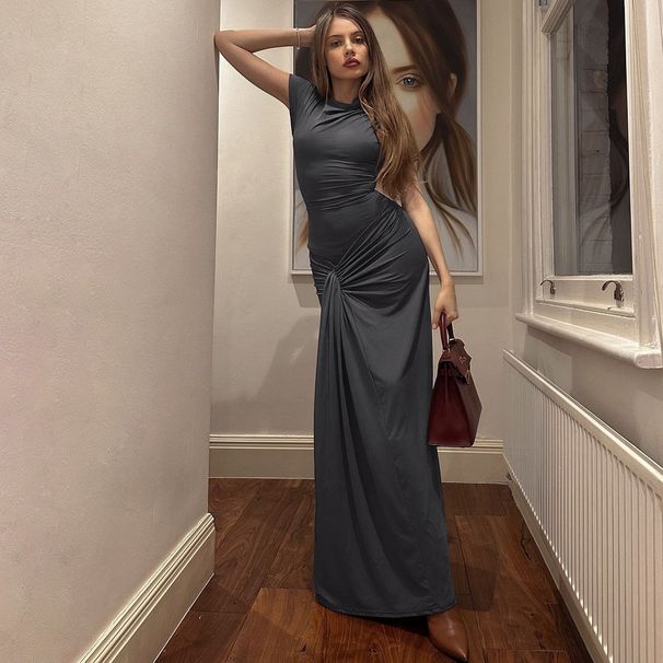 Women's Clothing Fashion Temperament Slim Pleated Lace Short Sleeved Dress_ecoleips.com