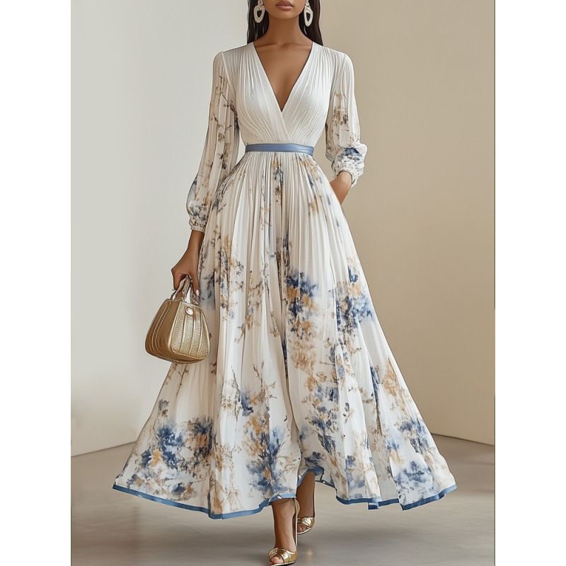 Elegant Floral Print Pleated Maxi Dress – V-Neck Long Sleeve A-Line Dress For Women (S-XXXL, White/Blue/Pink/Yellow)_ecoleips.com