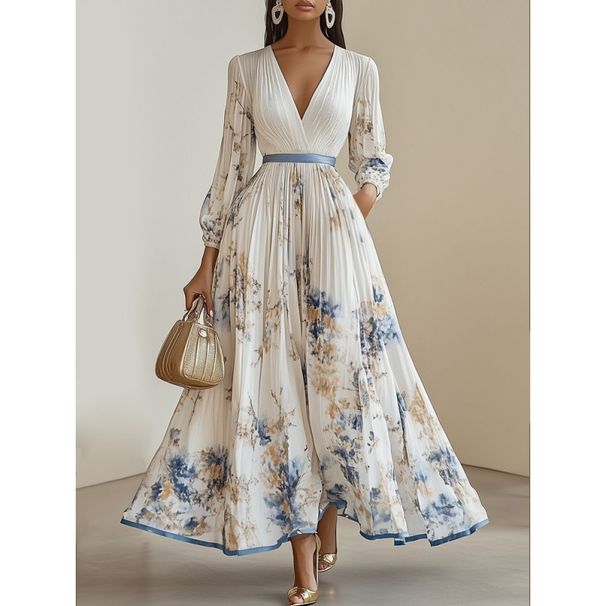 Elegant Floral Print Pleated Maxi Dress – V-Neck Long Sleeve A-Line Dress For Women (S-XXXL, White/Blue/Pink/Yellow)_ecoleips.com