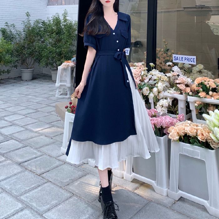 Women's Clothing Fashion Two Piece Short Sleeved Dress Long Meat Covering Loose French Long Skirt_ecoleips.com