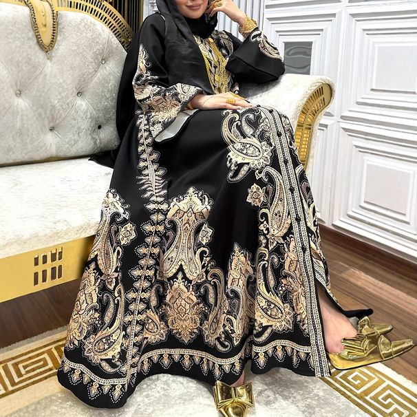 Muslim Dress Women Elegant Floral Print Belted Maxi Dress With Button Front – High Waist Long Sleeve Dress For Women_ecoleips.com
