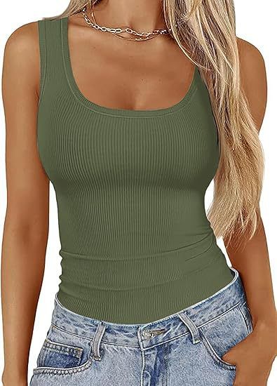 Women's Square Neck Ribbed Casual T Shirt Sleeveless Elastic Slim Fit Basic Vest Women's Tops_ecoleips.com