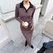 Women's Knit Dress Autumn New Arrival Polo Collar Pleated Waist Irregular Slit Striped Long Sleeve Dress_ecoleips.com