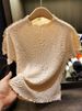 Women's Clothing Retro Auspicious Cloud Embossed Pleated Tops Wooden Ear Edge Round Neck Short Sleeves For Commuting All Match T Shirt_ecoleips.com
