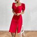 Voya Women's European And American Square Neck Chest Pleated Slit A-line Skirt Ins Popular Bubble Sleeve Red Dress_ecoleips.com