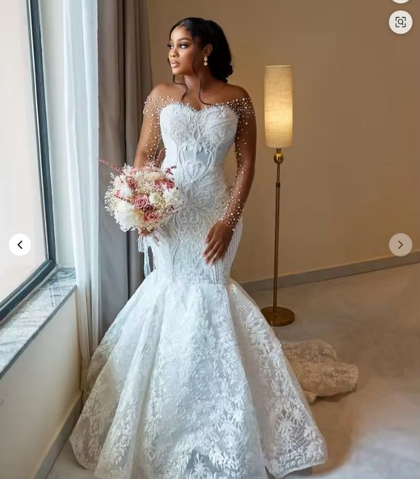 African Asuwebi White Mermaid Wedding Dress With Sheer Neck, Full Sleeves, Beaded Pearls, Vintage Elegant Bridal Gown_ecoleips.com
