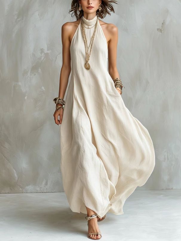Women's Bohemian Style Off-Shoulder Long Dress Elegant Halter Neck Loose Fit Summer New Arrivals_ecoleips.com