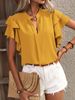 Women's Clothing Summer New V Neck Casual Double Layer Lotus Leaf Sleeve Solid Color Shirt Top_ecoleips.com