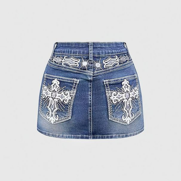 Women's Denim Mini Skirt With Cross Embroidery, High Waisted, Bodycon Mini Skirt, Sexy Denim Skirt, Factory Direct Wholesale._ecoleips.com