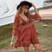 Women's Sexy V-Neck Lace Embroidered Beach Cover-Up Sun Protection Bikini Swimwear Sheer Mesh See-Through Sheer Long Sleeve Tunic_ecoleips.com
