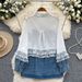 Women's Clothing Design Lace Stitching Contrast Color Long Sleeved Denim Shirt Loose Versatile Single Breasted Jacket_ecoleips.com