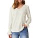 Women's V-Neck Long Sleeve Ruffle Detail T-Shirt - Soft Stretch Polyester Blend Casual Top For Work & Daily Wear_ecoleips.com