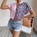 Women's Two Tone Color Block Floral Button Cardigan Short Sleeved Shirt Casual Style Top_ecoleips.com
